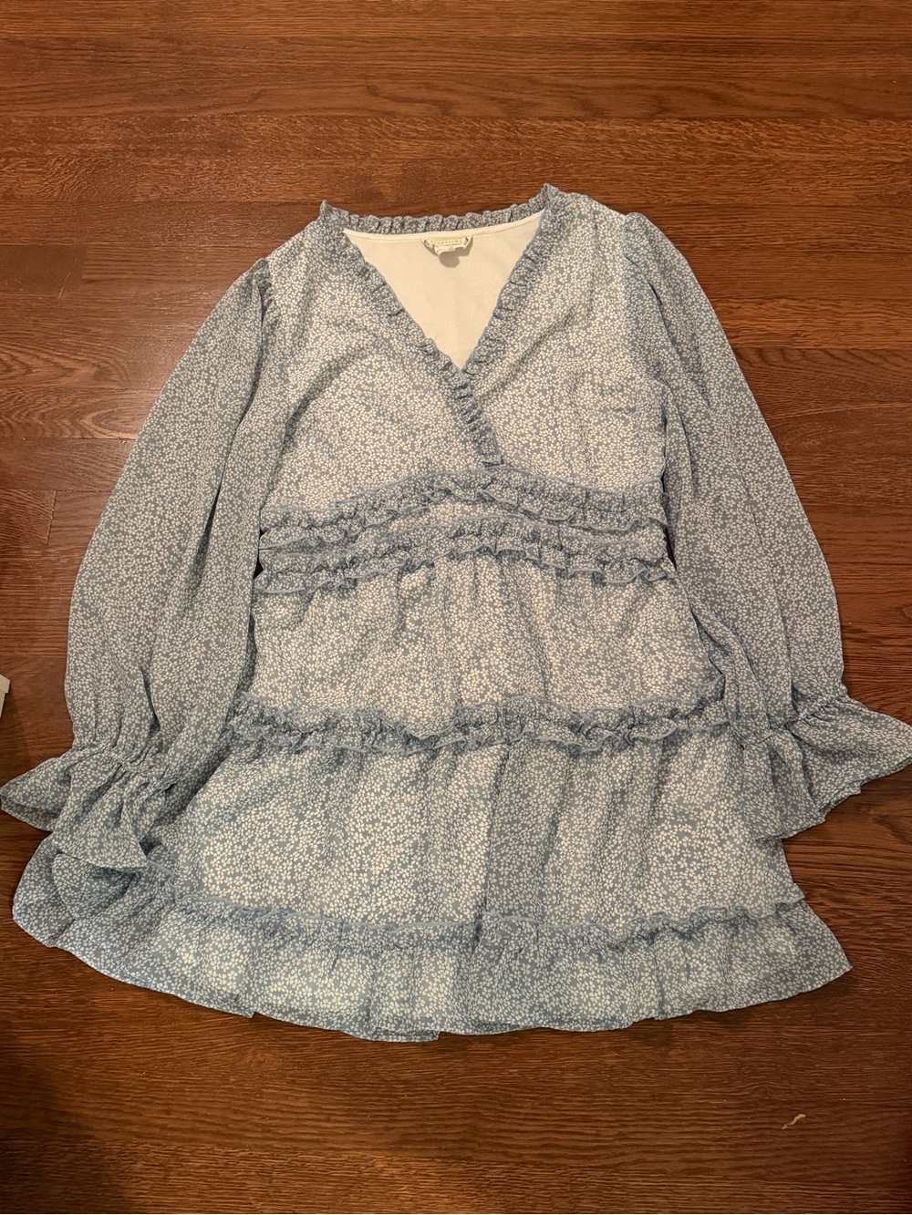 Loveriche Light Blue Floral Ruffle V-Neck Tiered Babydoll Dress